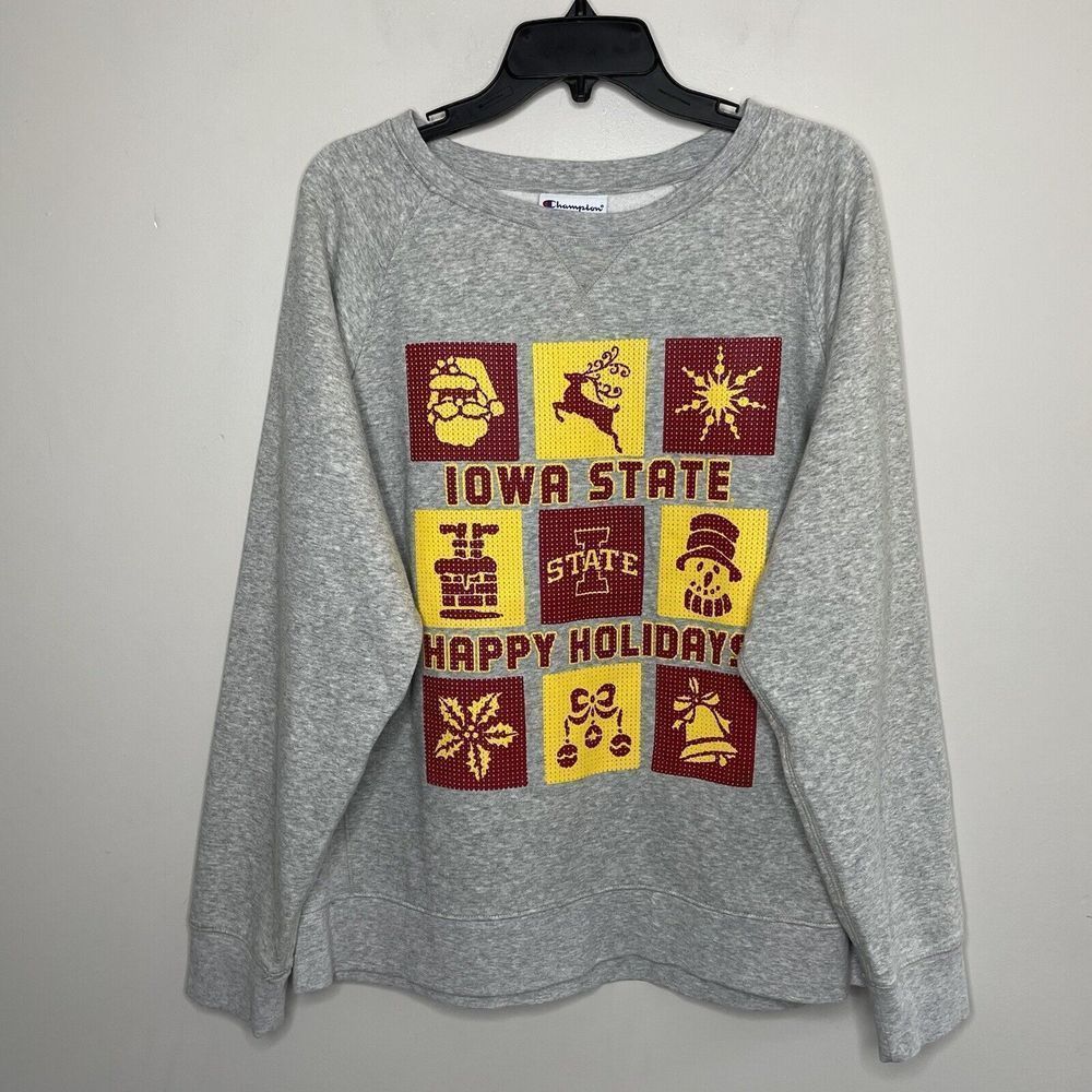 Iowa State University Womens HOLIDAY Champion Sweatshirt Gray Red Yellow XL